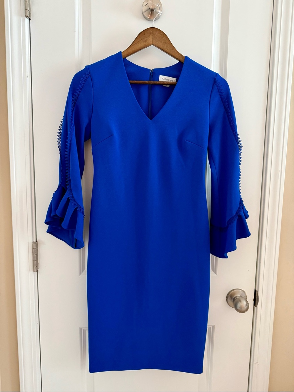 Calvin Klein Cobalt V-Neck Midi Dress with Ruffle Sleeves